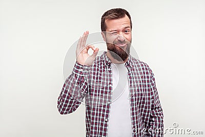 Everything is ok! Portrait of optimistic bearded young man winking at camera and showing okay gesture. on white Stock Photo