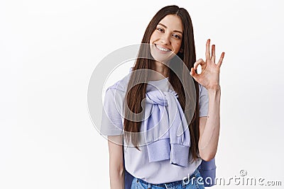 Everything okay. Smiling brunette woman showing ok sign, approve and agree, praise excellent job, good, work, approve Stock Photo