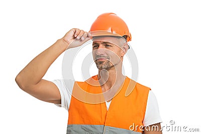 Everything is under control. Safety concept. Man wear protective hard hat and uniform. Cheerful builder. Protective Stock Photo