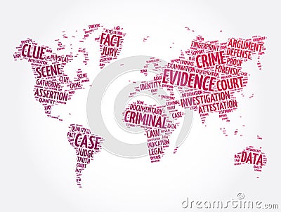 Evidence word cloud in shape of world map, concept background Stock Photo