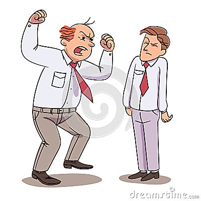 Evil boss shouting on office worker. Annoyed chief scolding upset employee workplace conflict. Furious expression Vector Illustration
