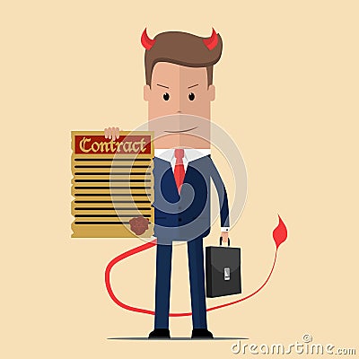 Evil businessman offering contract. Devil`s contract. Vector illustration Cartoon Illustration