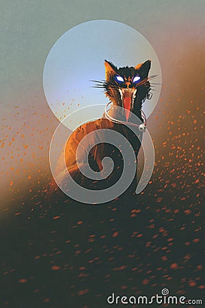 Evil cat on a background of the moon Cartoon Illustration