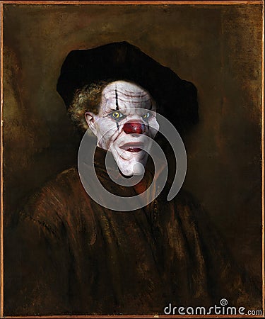 Evil Clown, Rembrandt Surreal Oil Painting Stock Photo