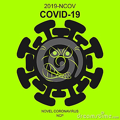 Evil Coronavirus 2019-nCoV. Corona virus icon. Black sketch isolated on neon Green background. Pathogen respiratory infection. Vector Illustration