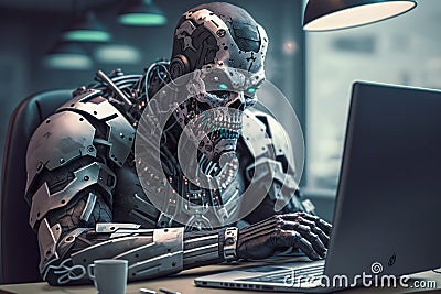 Evil cyborg robot took away the workplace from an office employee and now works as a clerk, doing boring monotonous work Stock Photo