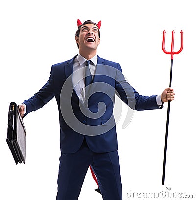 Evil devil businessman with pitchfork isolated on white backgrou Stock Photo