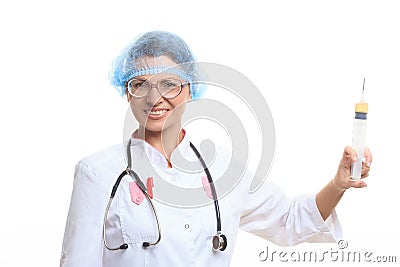 Evil doctor with big syringe Stock Photo