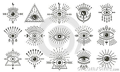 Evil doodle eye. Hand drawn magic witchcraft eye talisman, magical esoteric eyes, religion sacred geometry symbols Vector Illustration