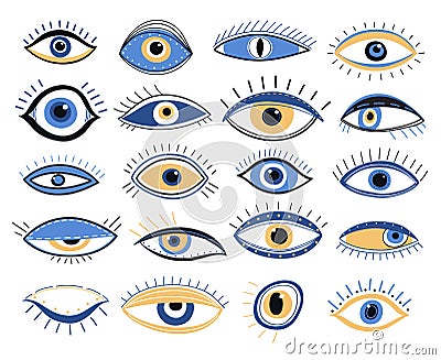 Evil eye. Graphic eyes elements, traditional energy talismans. Magic looking amulet, decorative alchemy occult mystic Vector Illustration