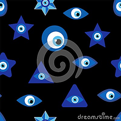 Evil eye Heavenly seamless pattern with suns, moons, stars, palms. For textiles, souvenirs, household goods. Vector Illustration