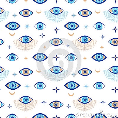Evil eye seamless pattern. Magic talisman and occult symbol. Greek ethnic blue, white and golden third eyes. Flat vector Vector Illustration