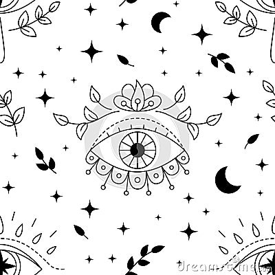 Evil eyes seamless pattern. Line art various talismans and floral elements, protection. Flat design monochrome design Vector Illustration