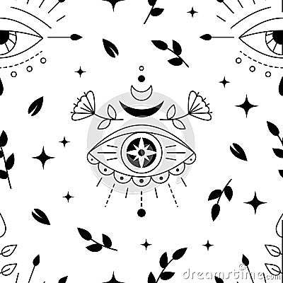 Evil eyes seamless pattern. Line art various talismans and floral elements, protection. Flat monochrome trendy design Vector Illustration