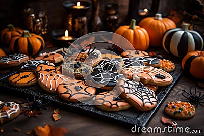 Evil ghost cookies in tray with Halloween theme Stock Photo