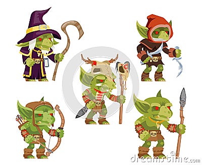 Evil goblins pack dungeon dark wood tribe monster minion army fantasy medieval action RPG game characters isolated icons Vector Illustration