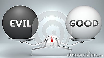 Evil and good in balance - pictured as a scale and words Evil, good - to symbolize desired harmony between Evil and good in life, Cartoon Illustration