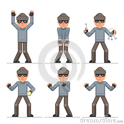 Evil greedily housebreaker thief cartoon rogue bulgar captured character flat design isolated set vector illustration Vector Illustration