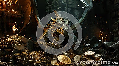 evil green dragon guard on pile of gold coins and treasures in a cave. Greeting card for Chinese New Year 2024 Stock Photo