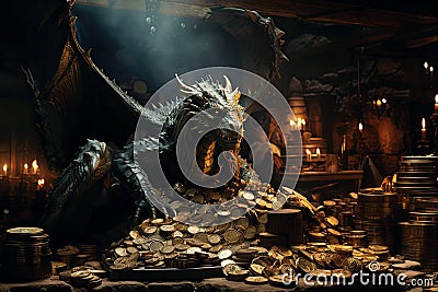 evil green dragon on pile of gold coins and treasures in cave. Greeting card for the new year 2024. Generative AI Stock Photo