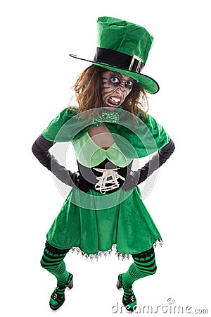 Evil green goblin girl, on white, concept irish traditi Stock Photo