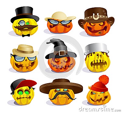 Evil halloween pumpkins, cartoon personages, crazy pumpkin symbols set Vector Illustration
