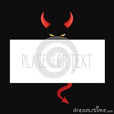 Evil from Hell. T-Shirt design, poster art. Red devi horns and demon eyes on the dark background. Vector Illustration