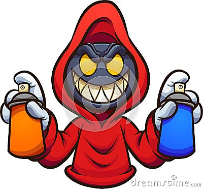 Evil hooded character with graffiti spray cans Vector Illustration