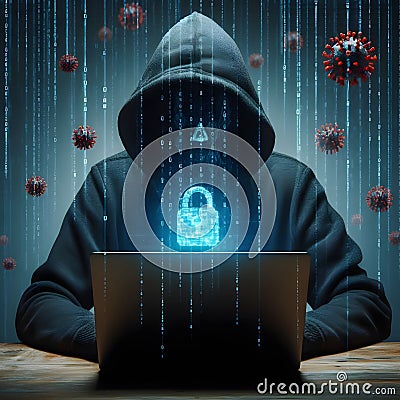 Evil hooded masked scammer with laptop digital matrix rain viruses Stock Photo