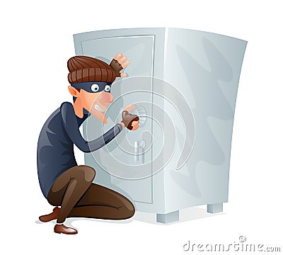 Evil Insidious Cruel Thief Tries to Open Safe Strongbox with Values Steal Character Icon Cartoon Design Vector Vector Illustration