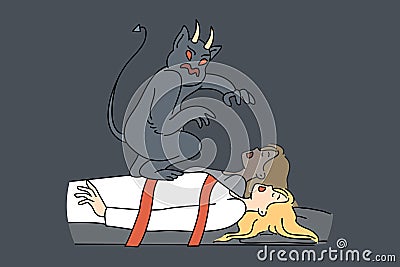 Evil monster steals soul of sleeping, bound woman who needs protection from fairytale devil Vector Illustration