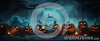 horror halloween blue evil background october table mystery pumpkin night fear. Generative AI. Stock Photo