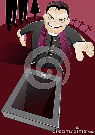 Evil priest and empty grave Vector Illustration