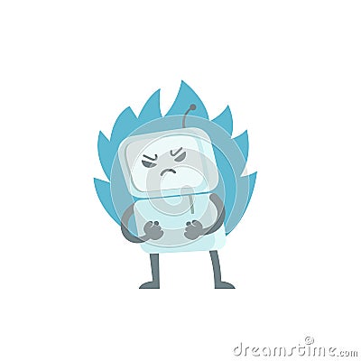 Evil robot in anger with fists and fire. Character virus bot troll. Enraged computer. Flat color vector illustration Vector Illustration
