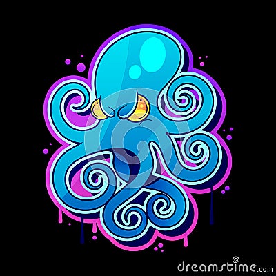 Evil skull-octopus mascot in engraving technique. Vector illustration isolated Vector Illustration