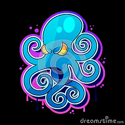 Evil skull-octopus mascot in engraving technique. Vector illustration isolated Vector Illustration