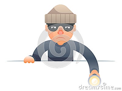 Evil thief with flashlight peeping out of the cartoon characters set flat design isolated vector illustration Vector Illustration