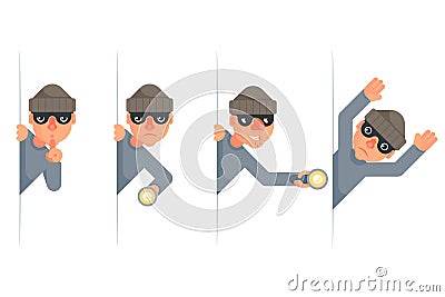 Evil thief greedily grabbing hand flashlight peeping out surrender give up cartoon characters set flat design isolated Vector Illustration