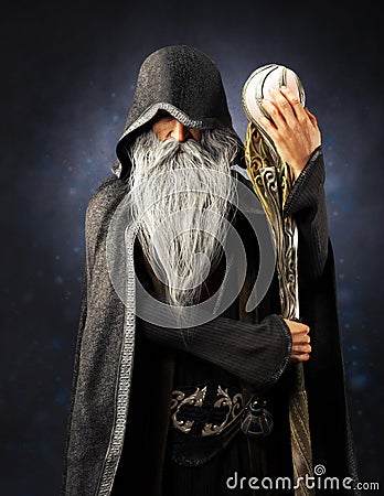 Evil Warlock old hooded wizard posing with staff on a blue gradient background. Stock Photo