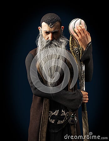 Evil Warlock old wizard posing with staff on a dark background. Stock Photo