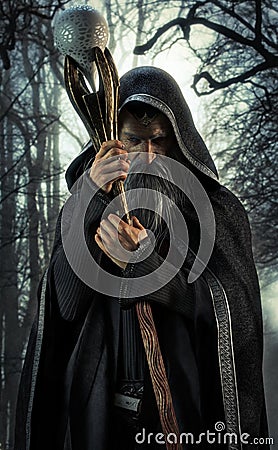 Evil Warlock posing in an enchanted dark forest. Stock Photo