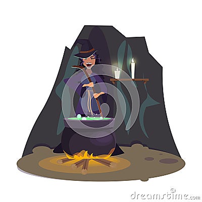 Evil witch brewing potion flat vector illustration Vector Illustration