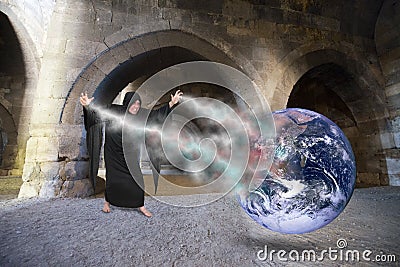 Evil Wizard Cast Spell, Creates World Apocalypse, Doomsday Stock Photo