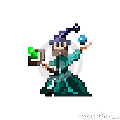 Evil wizard putting spell, cartoon pixel art character isolated on white background. Vector Illustration