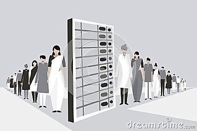 Indian people stand in a long line along side a huge electronic voting machine Vector Illustration