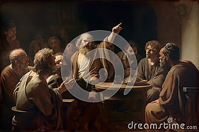 Socrates Preaching Philosophy in Athens, Digital Illustration, Intricate Detailing, Muted Color Palette Cartoon Illustration