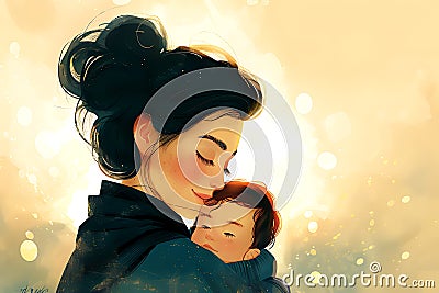 This evocative illustration captures a moment of pure love as a mother tenderly kisses her baby Cartoon Illustration
