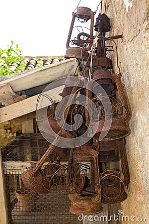 Ancient rusted oil lanterns Stock Photo