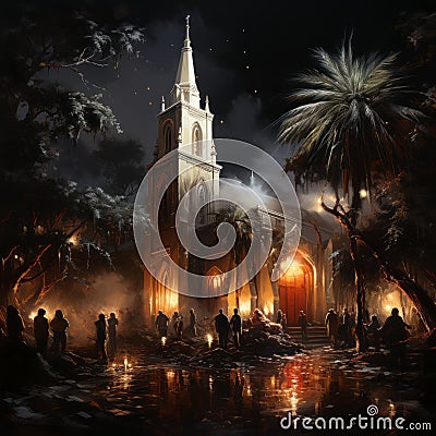 Midnight Services Church gatherings to ring in Christmas, with palm trees, Stock Photo