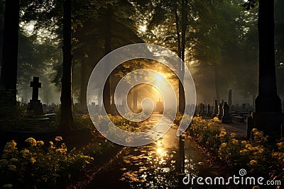 An evocative picture of a serene landscape within a cemetery, with soft sunlight filtering through the trees, signifying the Stock Photo